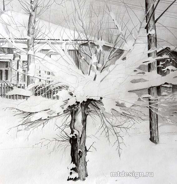 Как нарисовать дерево в снегу