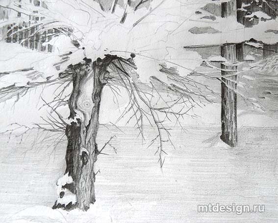 рисуем снег на дереве карандашом
