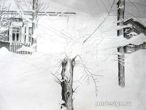Как нарисовать снег на дереве карандашом