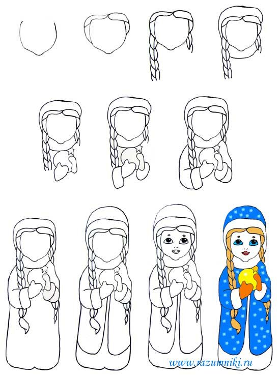 Как нарисовать снегурочку с косичками