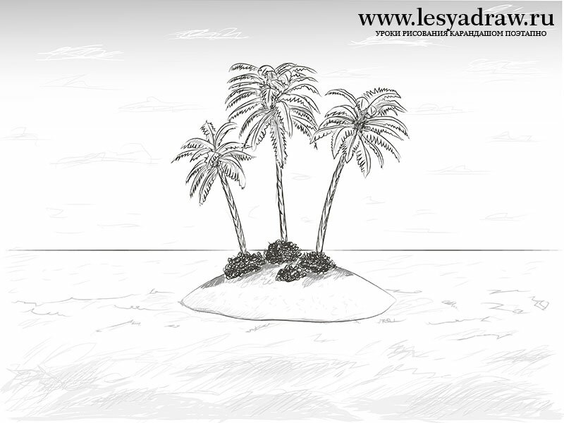 как нарисовать три пальмы на острове