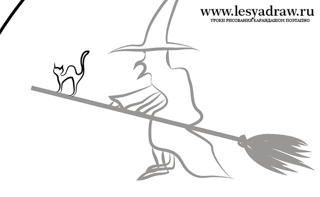 Как нарисовать ведьму на метле с котом